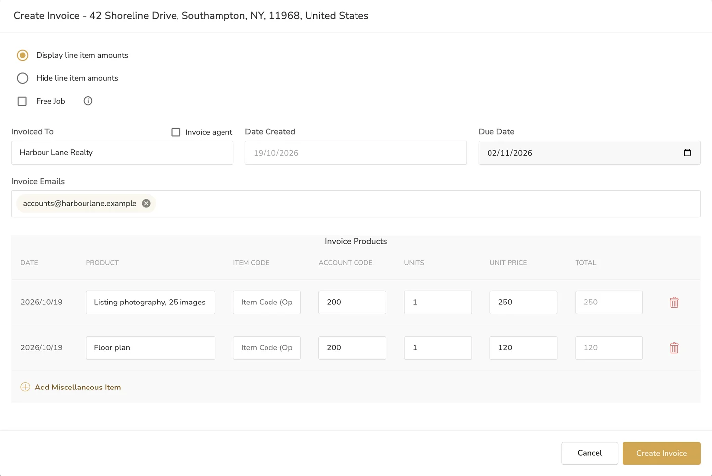 The Create Invoice window, filled in from the job's agency and products