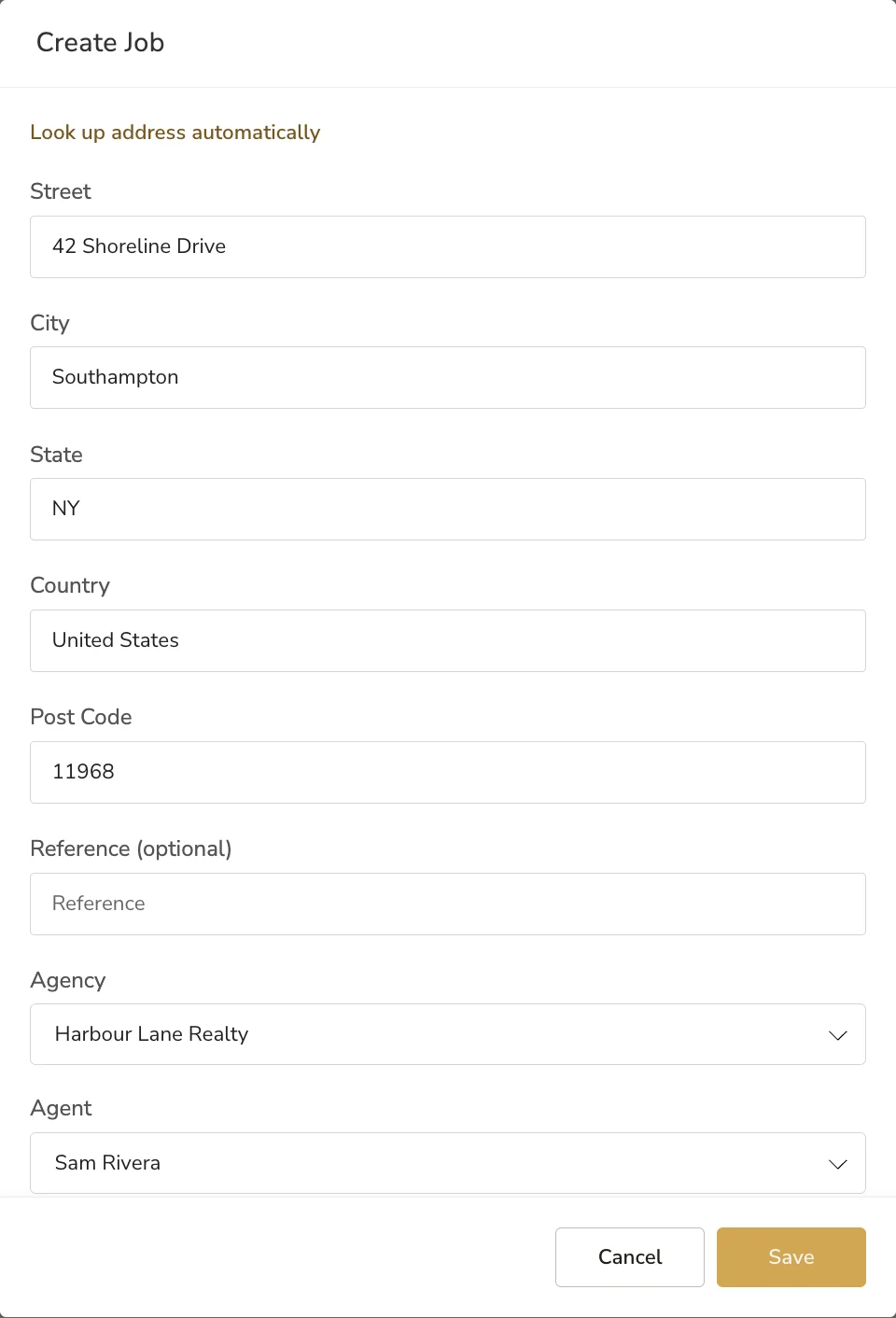 The Create Job window with the address entered by hand, the agency and the agent