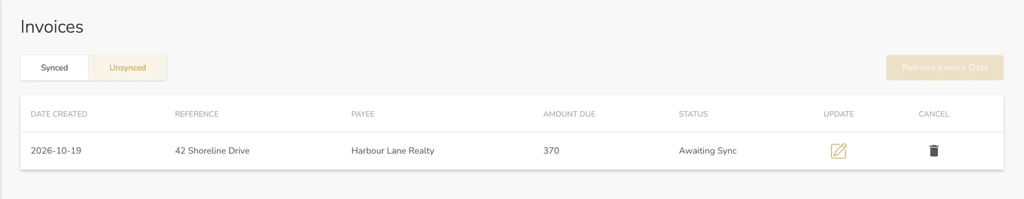 The Invoices page, Unsynced tab, with one invoice awaiting sync