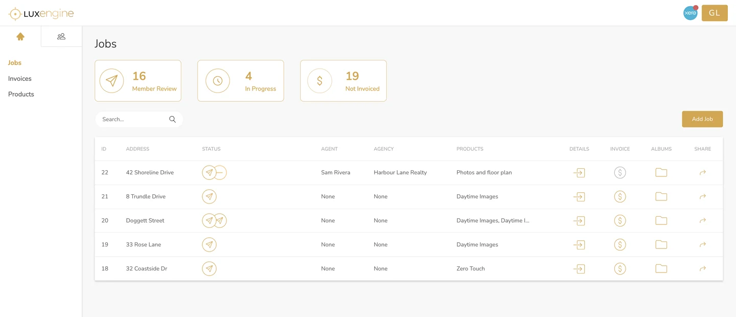 The Jobs page, with counts for jobs in Member Review, In Progress and Not Invoiced above the list of jobs