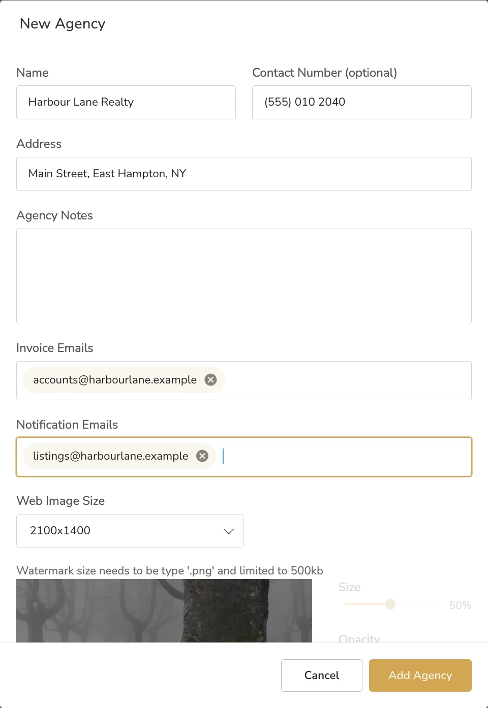 The New Agency window, with name, contact number, address, invoice and notification emails, web image size and watermark
