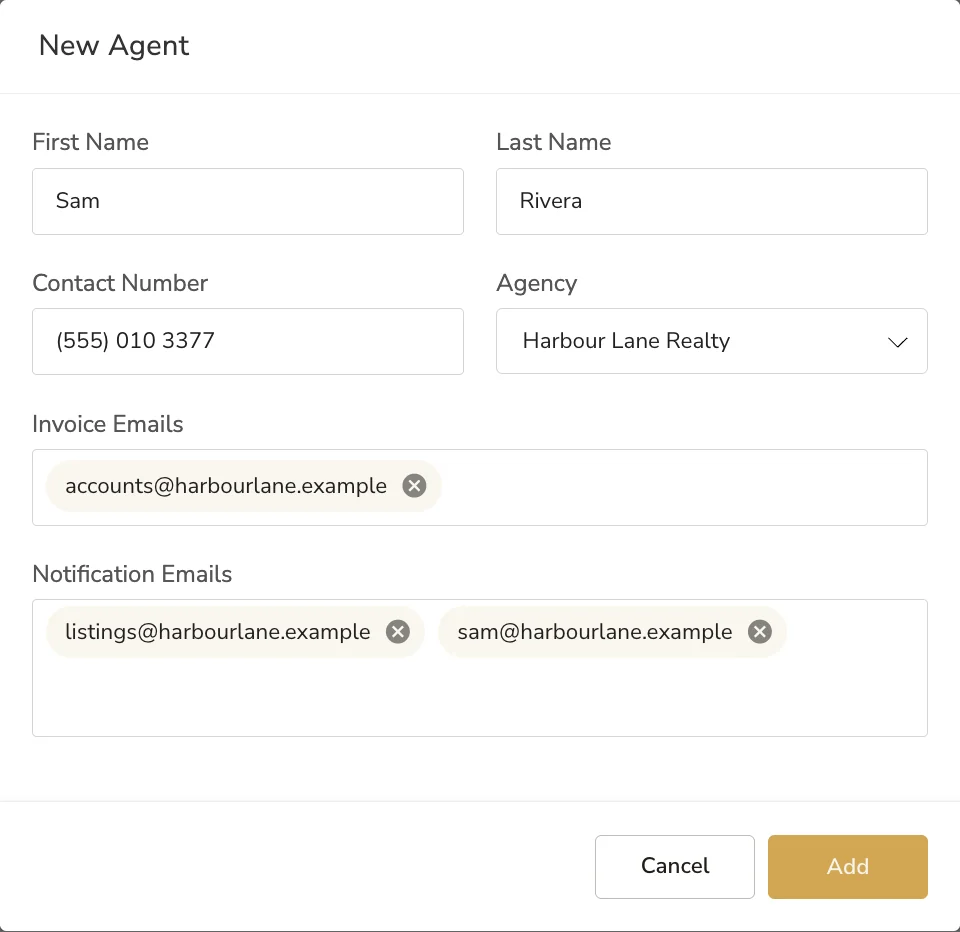 The New Agent window, with the agency's emails filled in and the agent's own address added