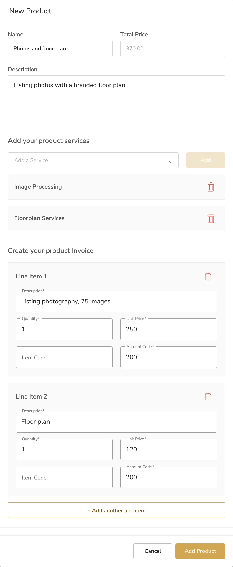 The New Product window, with image and floor plan services and two invoice lines