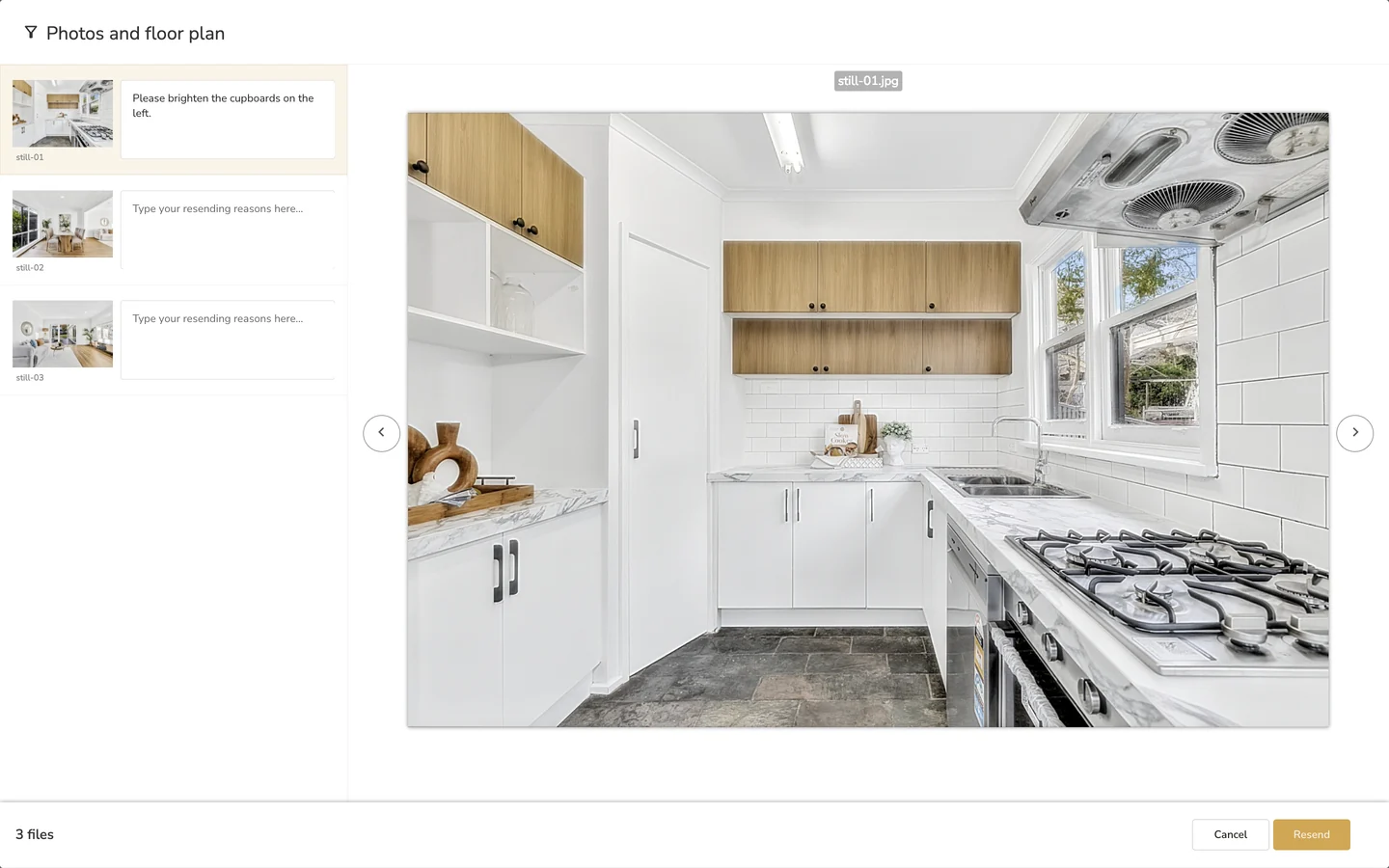 The review window: a note typed beside the first image, with Resend at the bottom