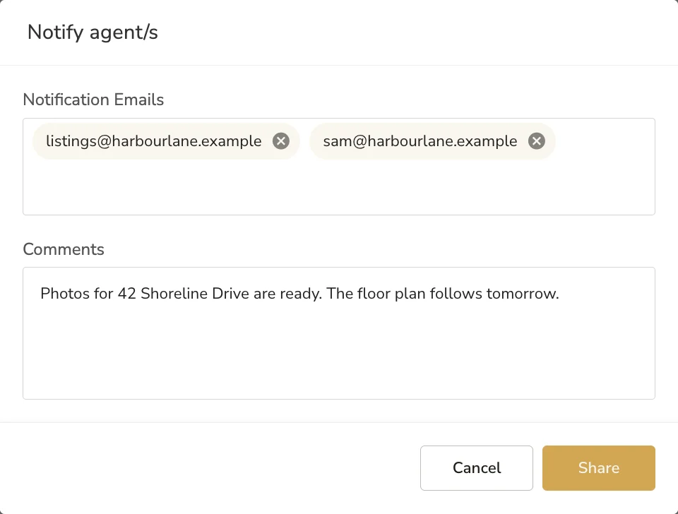 The Notify agent/s window, with the agency and agent addresses and a note