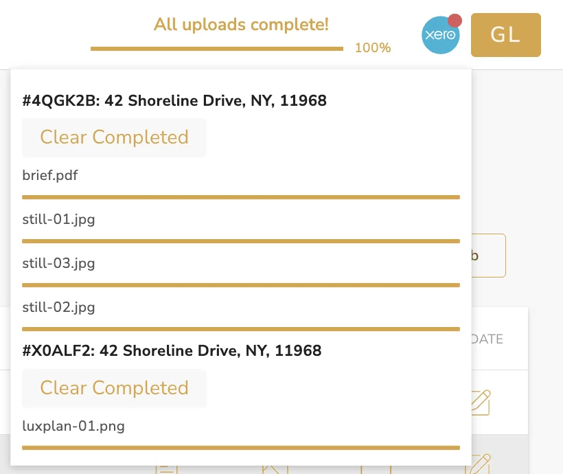 The upload panel: all uploads complete, with each service's files listed