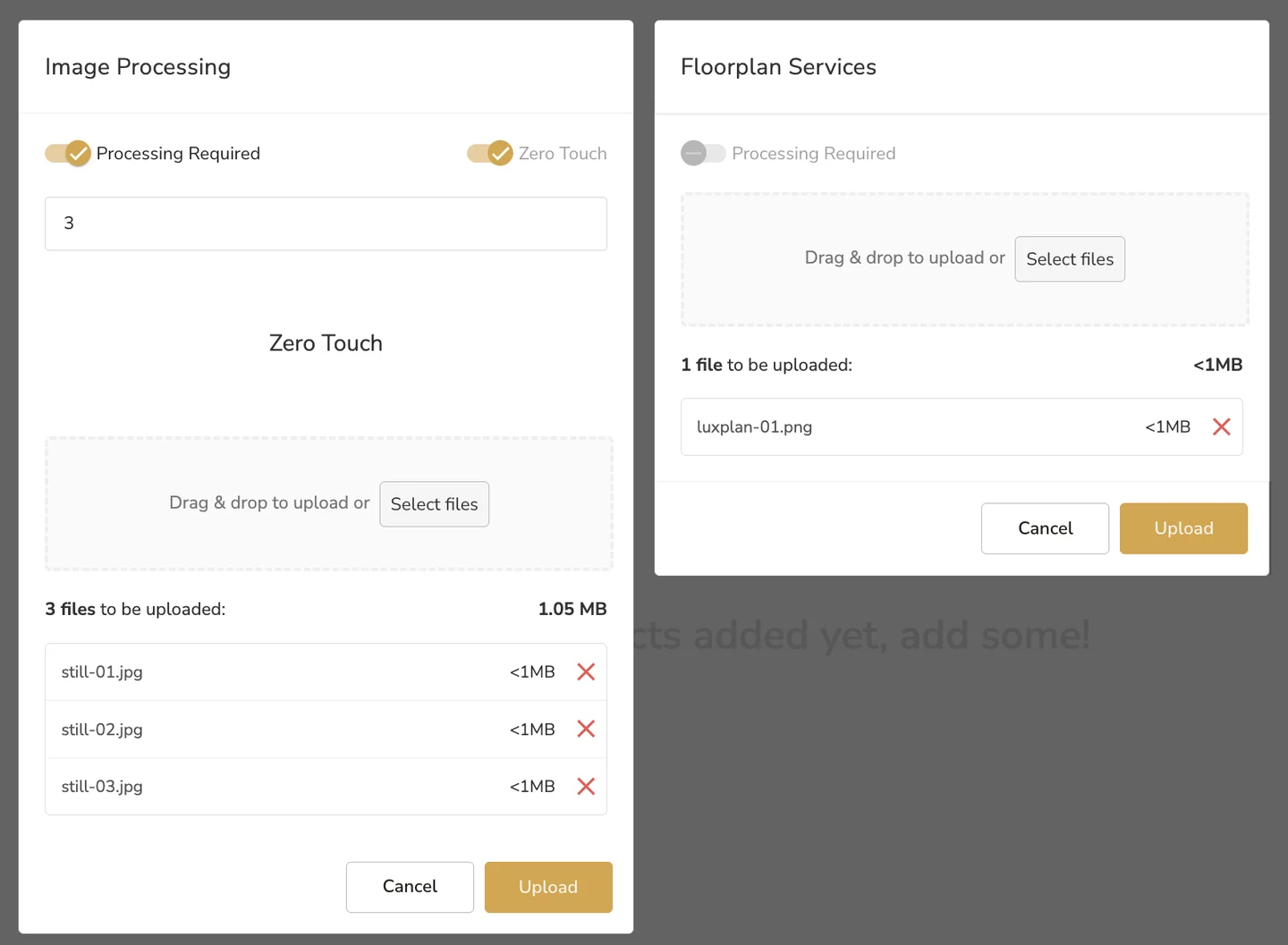 The Image Processing uploader with three images ready to go, and the Floorplan Services uploader with a finished plan